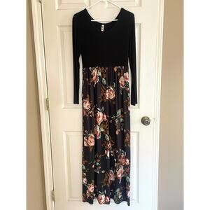 Grecerelle Womens Long Sleeve Maxi Dress Sze M Floral Print Black Soft Comfy
